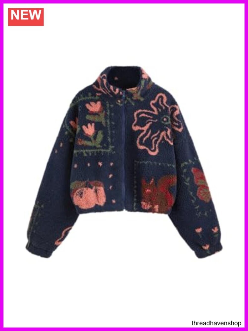 Sherpa Fleece Cropped Jacket with Graphic Print and Zipper Closure